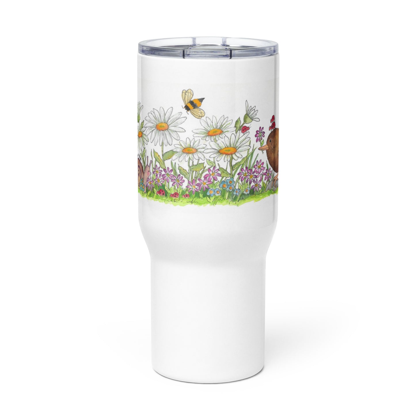 "Birds and Bugs and Other Things" Travel mug with a handle / Design by Rainey Dewey