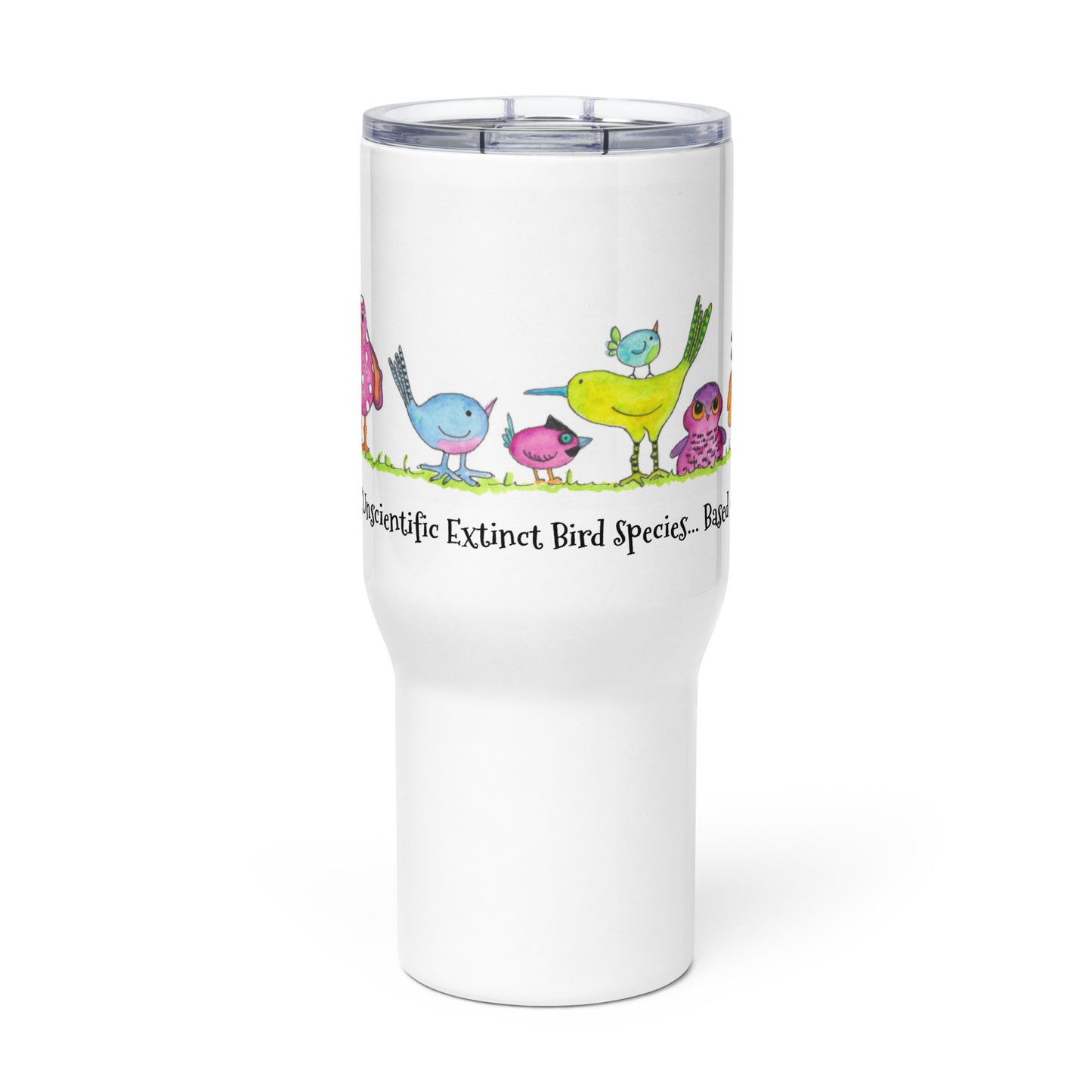 "Unofficial Unscientific Extinct Bird Species... Based on no facts!" Travel mug with a handle / design by Rainey Dewey