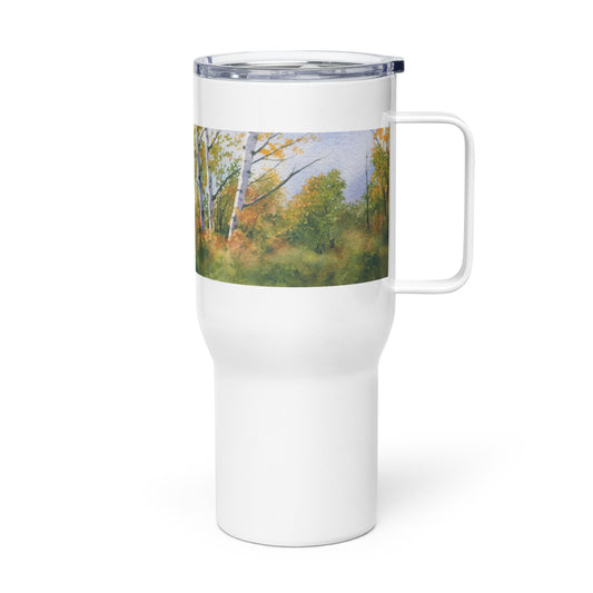 "Upstate Birches" Travel mug with a handle / Design by Rainey Dewey