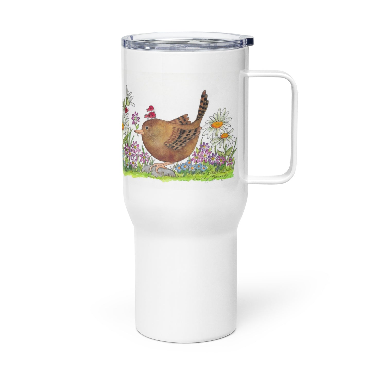 "Birds and Bugs and Other Things" Travel mug with a handle / Design by Rainey Dewey