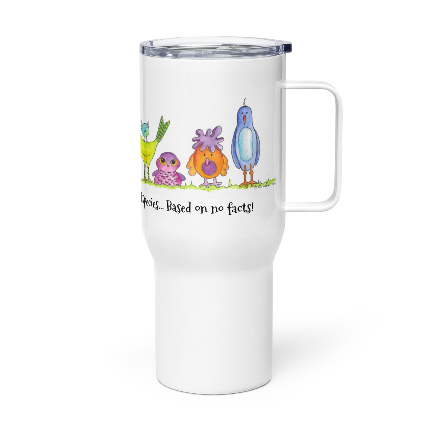 "Unofficial Unscientific Extinct Bird Species... Based on no facts!" Travel mug with a handle / design by Rainey Dewey