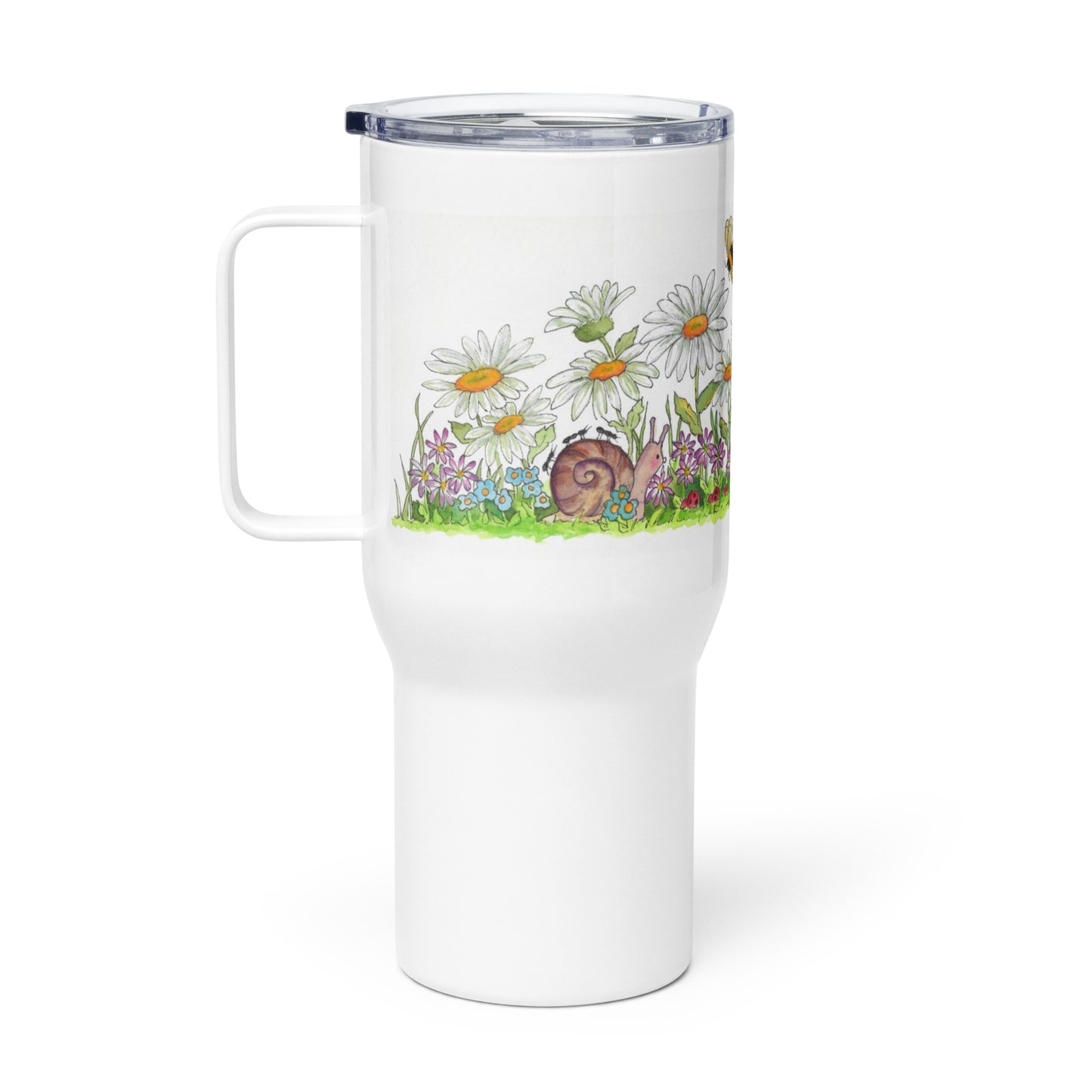 "Birds and Bugs and Other Things" Travel mug with a handle / Design by Rainey Dewey