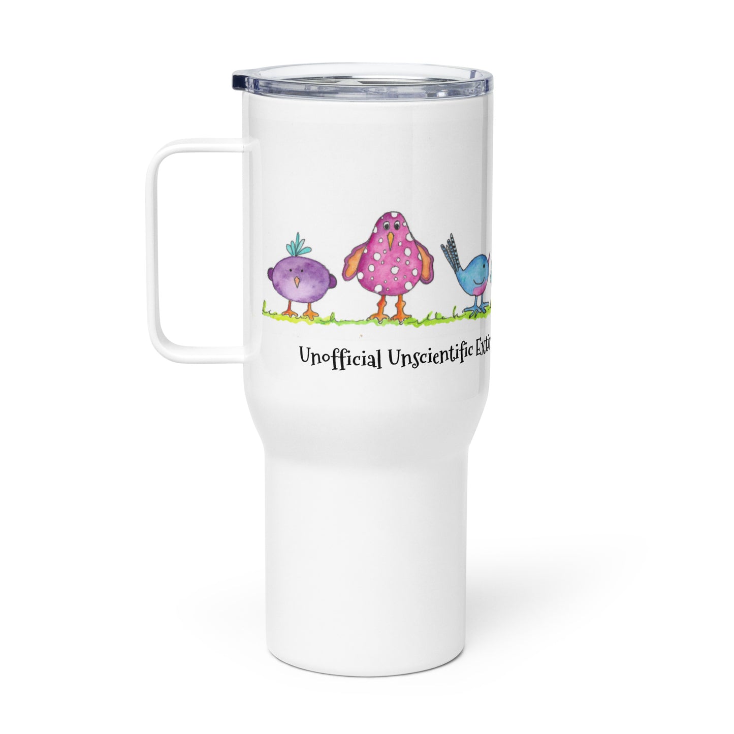 "Unofficial Unscientific Extinct Bird Species... Based on no facts!" Travel mug with a handle / design by Rainey Dewey